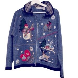 Vintage knit ugly Christmas sweater zip up cardigan size large blue color